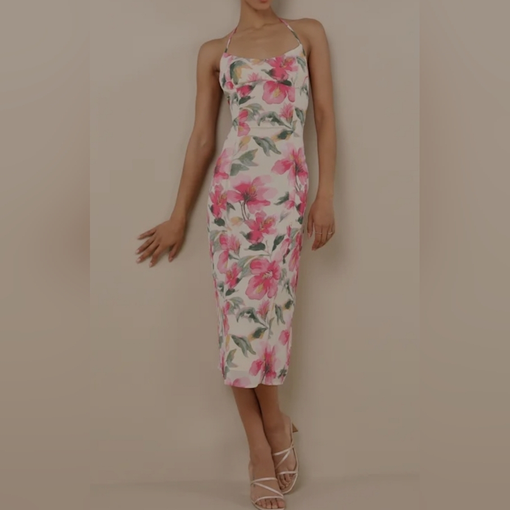 Light Yellow Floral Halter Midi Dress